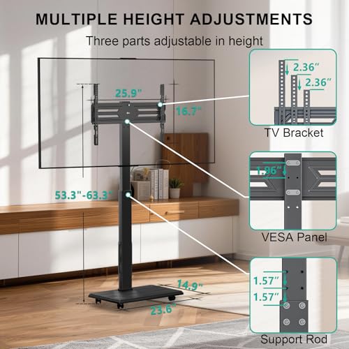 Image of WALI Rolling TV Stand with Power Outlet, Mobile Tall TV Stand Mount on Wheels for 39-75 inch TV up to 110 lbs, Swivel Height Adjustable TV Cart with Wood Base for Bedroom(TVDVD-7PR), Black