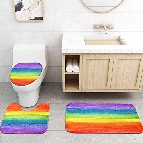 Artsocket 4 Pcs Shower Curtain Set Rainbow Watercolor Stripe Abstract Colorful Striped Creative Vintage With Non-Slip Rugs Toilet Lid Cover And Bath Mat Bathroom Decor Set 72" X 72" #TOP3