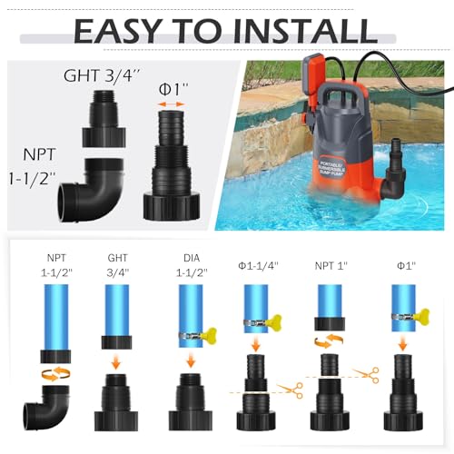 Image of Sump Pump with Float Switch Submersible Water Pump Automatic 1.2HP 5000GPH Portable Dirty Clean Water Transfer Pump for Pool Draining Hot Tub Basement