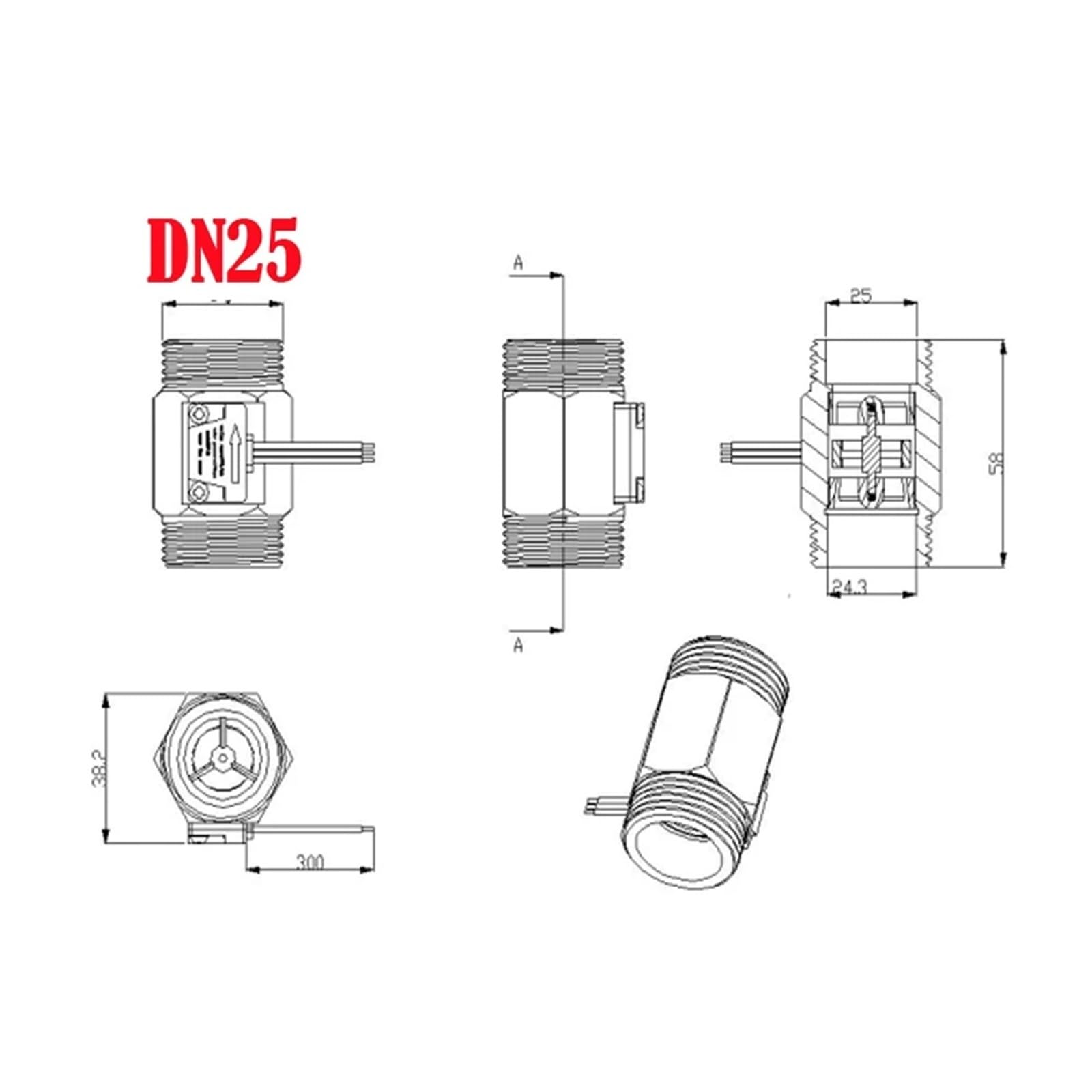 caudalímetro, Sensor de Flujo Agua con Rosca Macho latón DN25, caudalímetro Industrial YF-B10