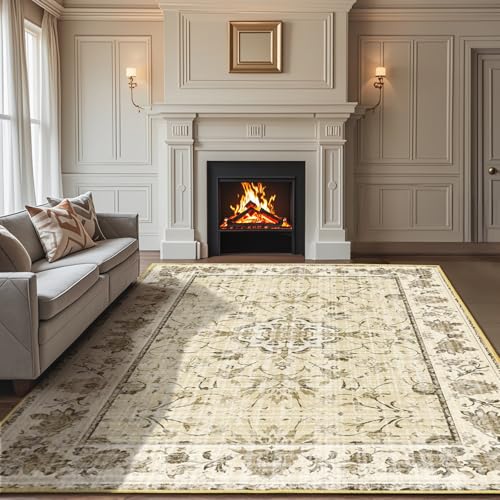 KIRFEIHT Machine Washable 8x10 Area Rug Vintage Yellow Floral Living