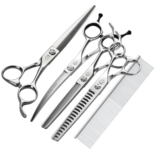 Fenice Totem Dog Grooming Scissors: 5 IN 1 Professional Grooming Scissors for Pet High Precision CNC-Cut Blades Silver