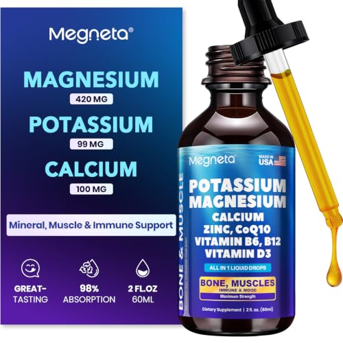 Potassium Magnesium Calcium Zinc Liquid Complex Chelated Minerals with Vitamin D3 B6 B12 & CoQ10 for Daily Mineral Heart Muscle Sleep & Antioxidant Support 2 Fl Oz (60 mL)