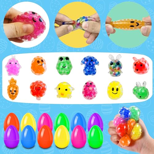 Image of 12Pcs Prefilled Easter Eggs with Mini Stress Balls Squeeze Toys Inside for Easter Basket Stuffers, Filled Easter Egg for Easter Hunt Party Favors Supplies