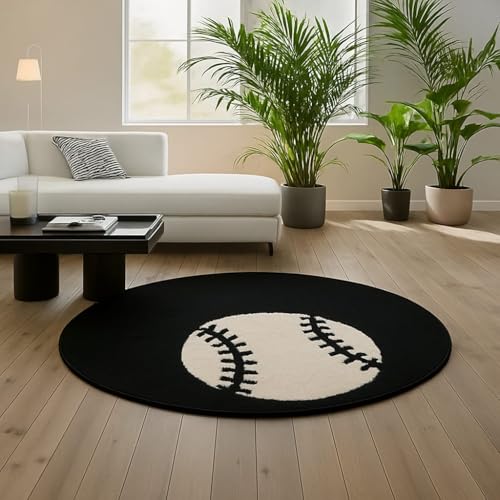 Image of Modern Shaggy Round Rug | Ultra-Soft Plush Circle Carpet for Living Room, Bedroom, Nursery | Fuzzy, Fluffy Area Rug with Non-Slip Base Black Double Ball 7x7 feet