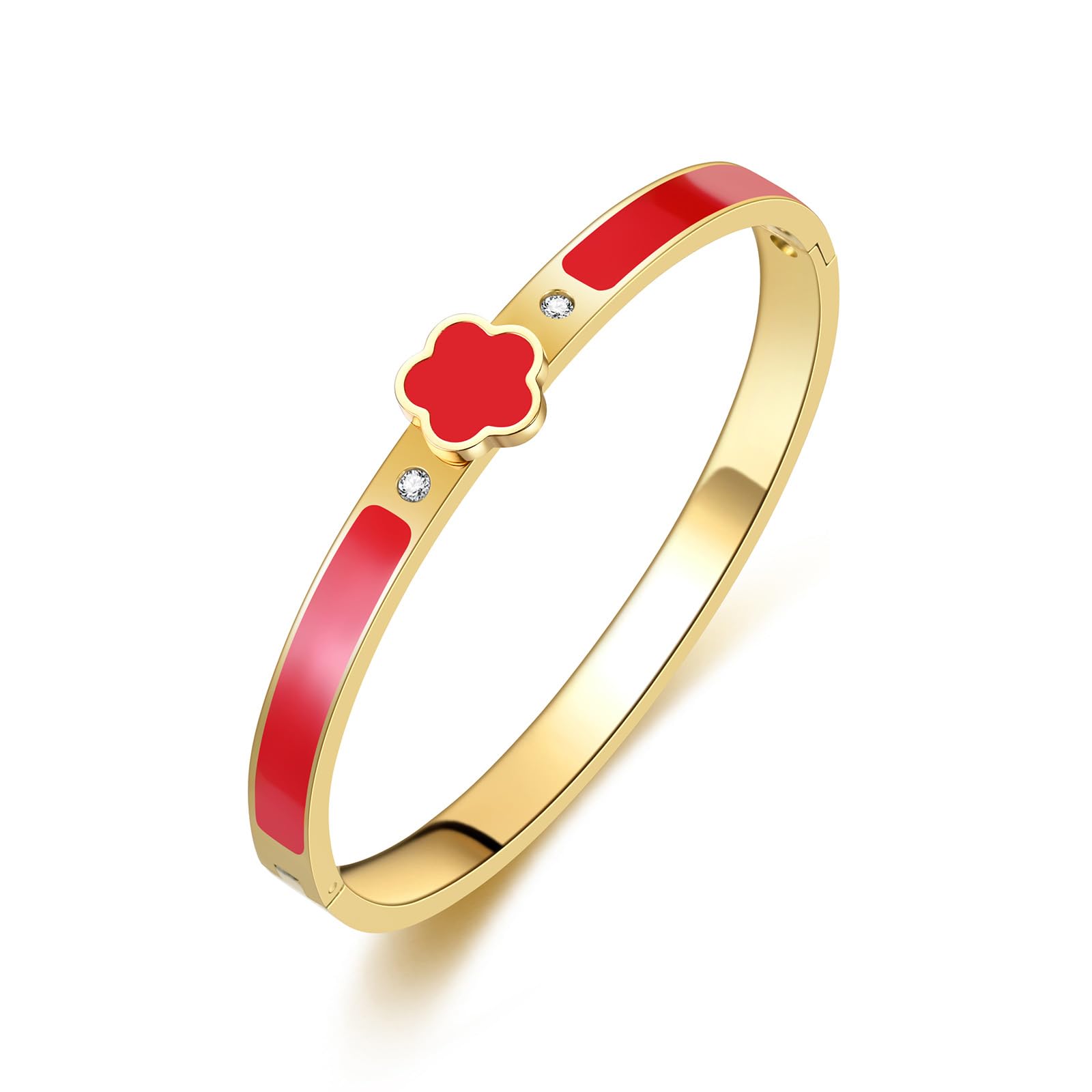 Chunky 18K Gold-Plated Clover Bangle Bracelet for Women.Black White Pink Red Five Leaf Clover Jewelry Simple Cute Friendship Bangle Bracelet for Women Trendy Holiday Gifts