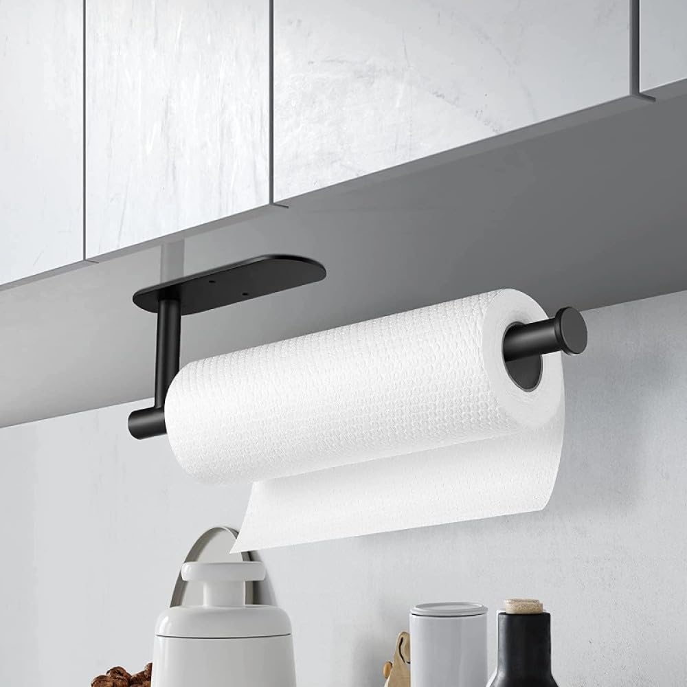 Portarrollos de papel higiénico adhesivo de acero inoxidable – Toallero de cocina montado en la pared y dispensador de servilletas negro – Organizador de pañuelos que ahorra espacio para baño y cocina