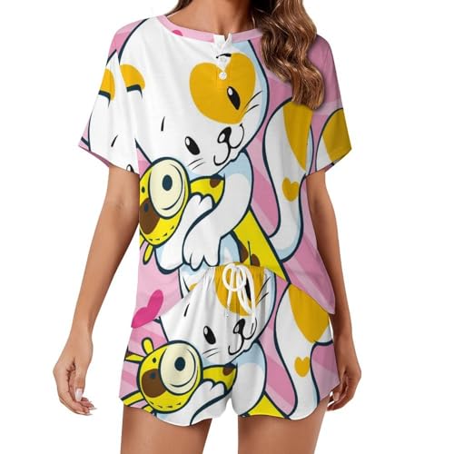 Ensemble pyjama femme de nuit en fibres douces d'été avec imprimé girafe chic