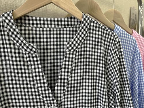 utcoco Women's 2025 Spring Summer Plaid Shirt Dress 3/4 Puff Sleeve Button Down Loose Casual Midi Dress with Pockets4