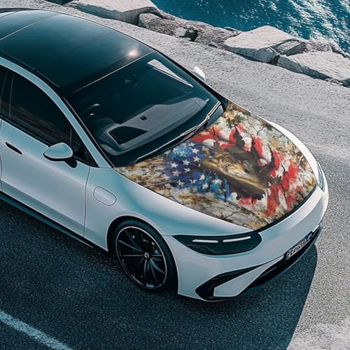 Image of Car Hood Cover, Car Hood Wrap Blankets Auto Banner Wolf American Flag Print Automotive Accessories for Compact Cars Sedans SUV Trucks (59x39 Inch)