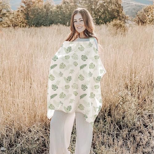 Image of Konssy Muslin Nursing Cover for Baby Breastfeeding, Breathable 100% Cotton Breastfeeding Cover with Rigid Hoop for Mother Nursing Apron, Multi-use Carseat Canopy (Monstera Green)