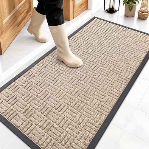 Image of OLANLY Front Door Mat Outside Entrance 47x23, Absorbent, Heavy Duty Sturdy Natural Rubber Doormat Indoor Outdoor, Non-Slip, Stain and Fade Resistant, Low Profile Floor Mat for Entryway, Latte White