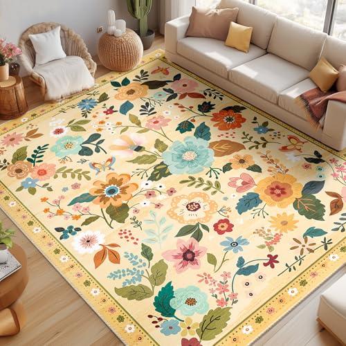 Floral 9x12 Area Rug Machine Washable Soft Print Boho Carpet Non Slip Doormat Low Pile Flower Area Rugs for Living Room Bedroom Nursery Kitchen Dining Room Indoor-Ivory/Yellow