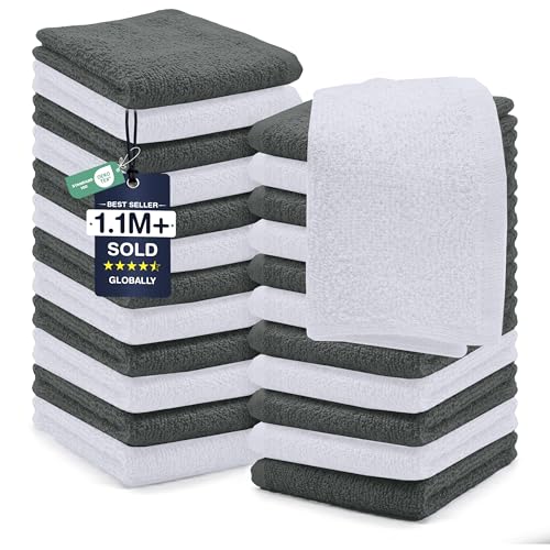 Image of DAN RIVER 24 Pack Wash Cloths for Showering [12x12] - 100% Cotton Washcloths Premium Quality Flannel Face Cloths for Bathroom, Highly Absorbent and Soft Feel Wash Clothes, Grey & White