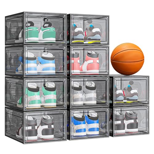 Image of caktraie 10 Pack Thicken Shoe Organizer Stackable,Upgraded Sturdy Shoe Storage Box with Magnetic Door,Shoe Containers For Sneaker Display,Hat Organizer,Black
