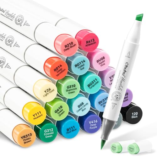 Image of Ohuhu Alcohol Markers Brush Tip - Double Tipped Alcohol Based for Beginners Artist Sketching Adult Coloring Illustration - Brush Chisel Dual Tips - 24 Basic Colors of Markers Honolulu,Multicolour
