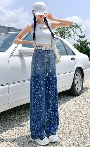 Women's Pants Rhinestone High-Waisted Wide-Leg Straight-Leg Summer Jeans for Women4
