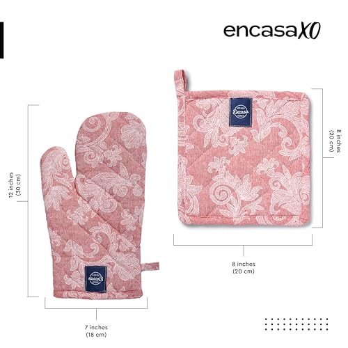 Image of Encasa XO Heat Resistant 100% Cotton Oven Glove & Potholder Set with Loop, Kitchen Cooking Mittens, Microwave Safe Hot Pads (Floral Red)