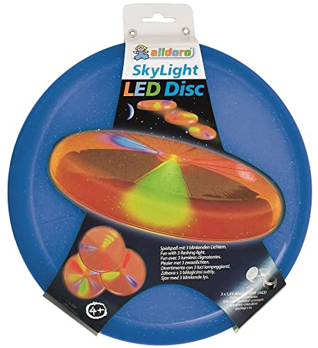 alldoro 63018 Sky Light Disc, tarcza do rzucania Ø ok. 27 cm, tarcza frisbee z 3 diodami LED, na plażę, do ogrodu i na zewnątrz, zabawka do rzucania dla dzieci od 4 lat i dorosłych, niebieski