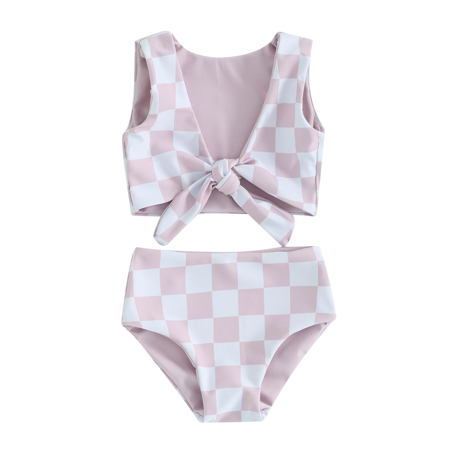 Dewadbow Toddler Baby Girl Two Piece Swimsuit Checkered Print Knotted Swim Top and Bottom Tankini Bikini Set Kid Bathing Suit (Pink Checkered, 12-18 Months)
