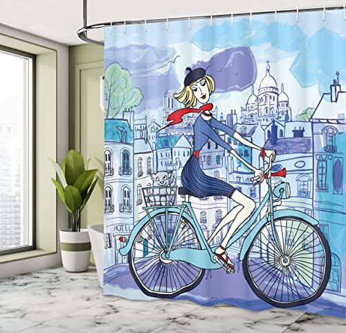 ABAKUHAUS Paris Shower Curtain, Young Woman French Hat and Funny Cat on Bicycle in French Street Watercolor - Image 4