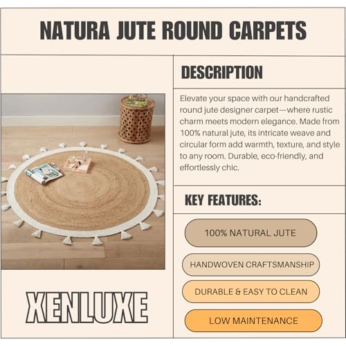 Image of Rounds Jute Carpet - Handwoven Natural Fiber Rug for Living Room, Bedroom, Entryway | Boho Chic Eco-Friendly Area Rug | Rustic Designer Floor Mat:-(Jute White Tassle, 6x6 feet