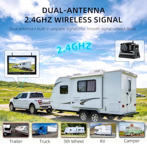 Image of eRapta Magnetic Wireless Backup Camera Kit with HD1080P 10 inch DVR Monitor, Dual RV /Trailer /Truck /Tractor Cameras Wireless System, No Wiring, 9600mAh Rechargeable Battery, IR Night Vision-ACT1002