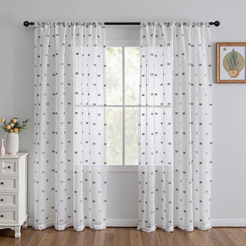 Image of MYSKY HOME Grey Patched Sheer Curtains for Living Room 84 Inches 2 Panels