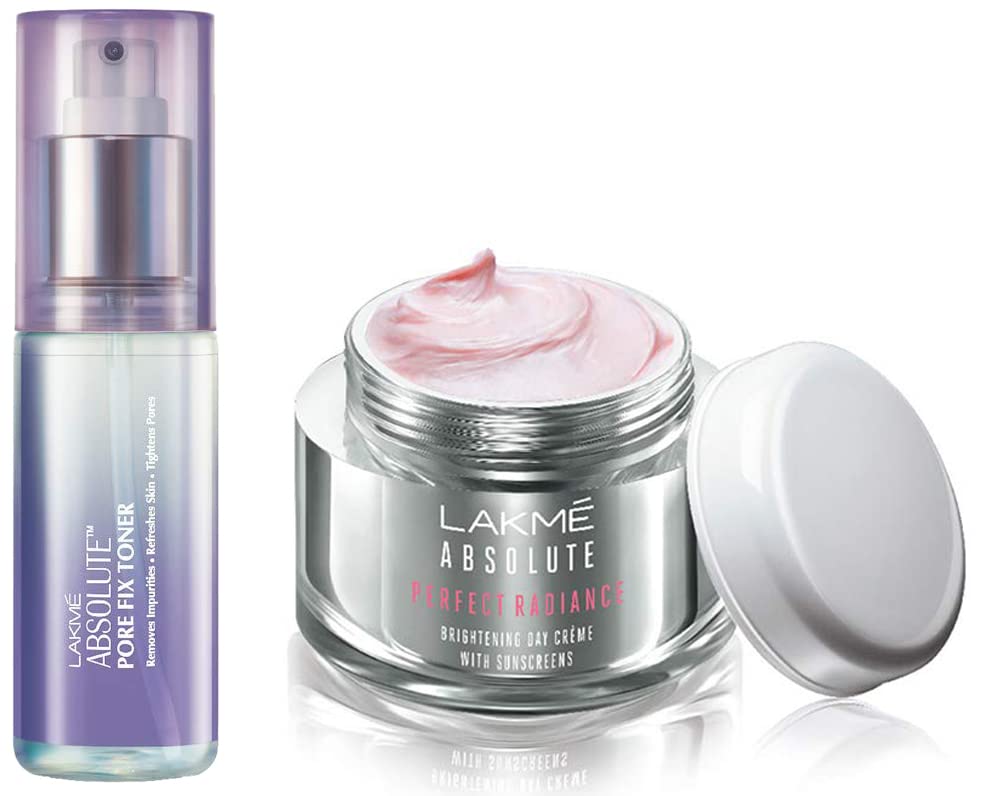 Image of Lakme Absolute Pore Fix Toner, with Lavender & Witch Hazel,Pack of 60 ml & Lakme Absolute Perfect Radiance Brightening Day Creme (Cream) 50g