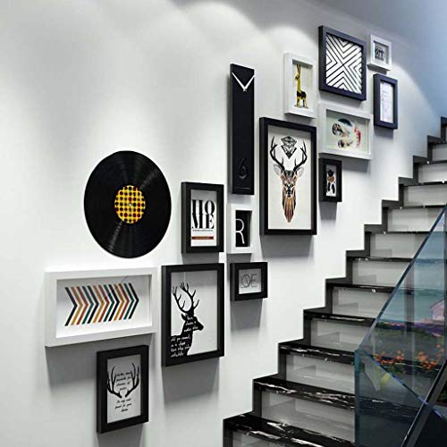 ZXW Solid Wood Staircase Photo Frame Photo Wall, Simple Decorative Paintings Can Change Photos with Clocks, 13 Photo Frames & 2 Kinds of Accessories-Black+White