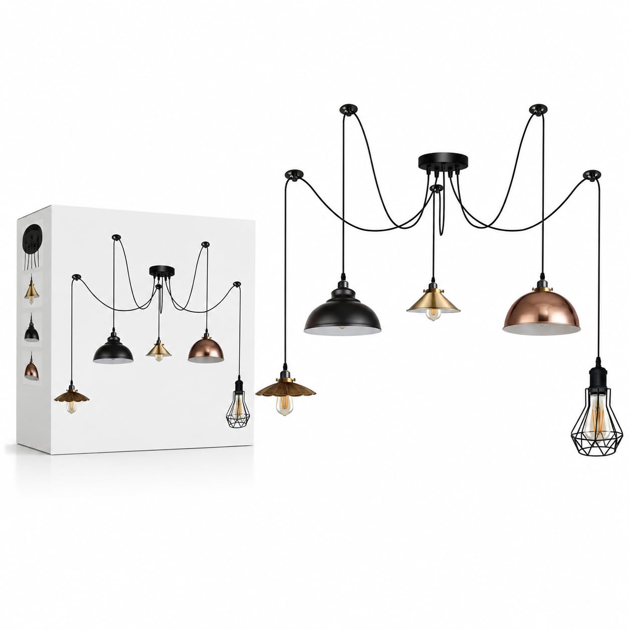 5-armige DIY-Spider-Pendelleuchte, 5-flammige E27-Vintage-Industrie-Deckenleuchten, Metallschirme, Retro-Hängeleuchter, höhenverstellbares 2-m-Kabel, Wohnzimmer, Esszimmer (SPIDER 2, Mit Glühbirne)