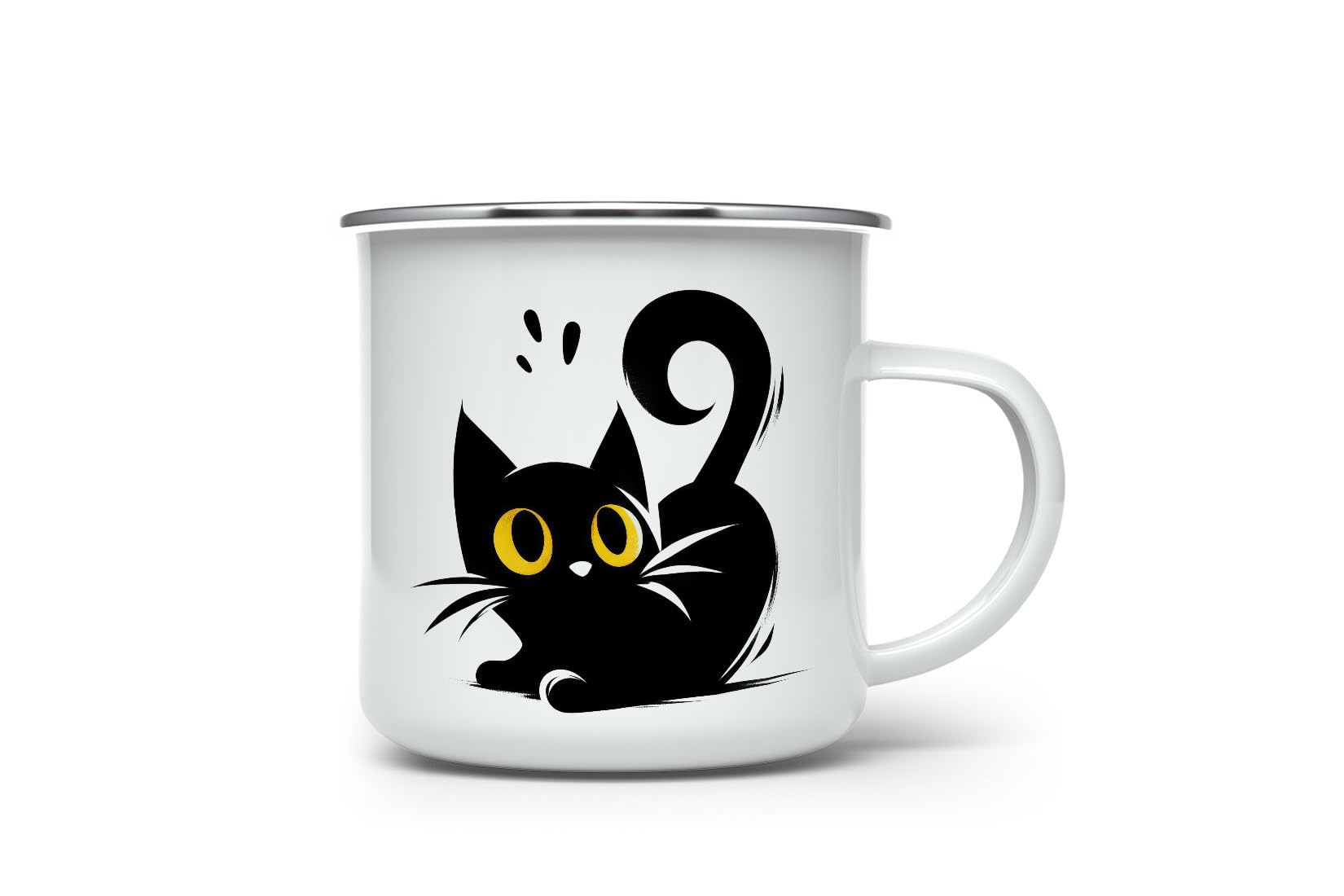 MAXIKIWI - Durable Enamel Coffee or Tea Camping Mug for Indoor Outdoor Use - Minimalism Black Cat - 350ml