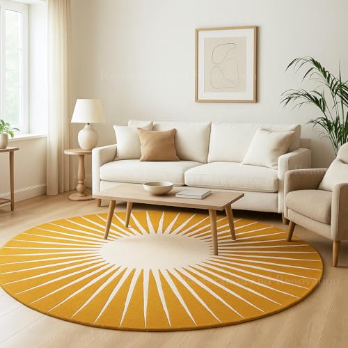 Tapete redondo moderno de lana 100% NZ 5' Amarillo miniatura 3