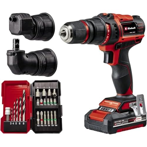 Einhell Perceuse Visseuse sans fil TE-CD 18/45 3X-Li +22 1×2,0 Ah PXC Einhell (mandrin amovible, porte-embouts coudé, porte-embouts excentré, kit de 22 accessoires, batterie 2,0 Ah, chargeur + E-Box)