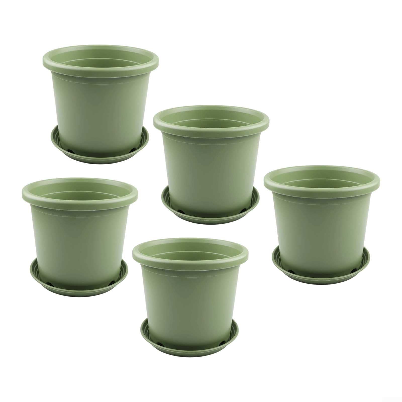 Macetas grandes de resina con agujeros de drenaje, contenedores de jardín verdes con bandejas, macetas de plástico para uso en interiores y exteriores, juego de cubos de flores resistentes para