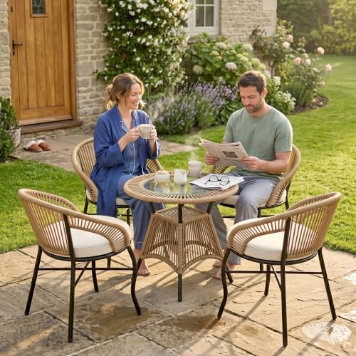 Image of OUTLIVING Init Outdoor Patio Furniture Set | 4 Seater Wicker Chairs with Cushioned Seats & Round Coffee Table | Garden, Balcony, Terrace & Lawn Seating Set - Beige