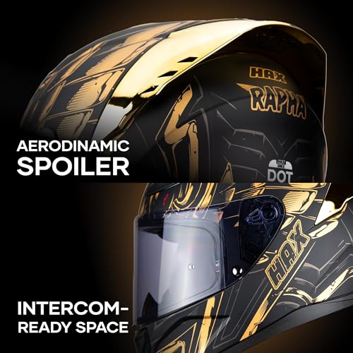 Image of HAX Onix Full Face Motorcycle Helmets DOT Approved, Pinlock Ready & Intercom Slot , Motorbike Powersports Street Racing for Men Women(Pharaoh Matte Blk-Gld, L)