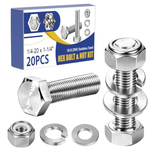 Image of mankk 20PCS 1 /4-20 x 1-1 /4 inch Hex Bolt & Nut Kit,18-8 (304) Stainless Steel