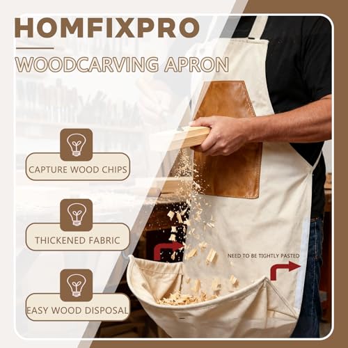 Image of Woodcarving Apron-Work Apron with Brown Leather Chest Patches, Tool Pocket