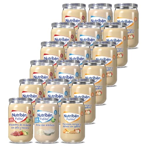 Pack Nutribén: Menestra verduras pollo/ternera; Arroz/merluza; Manzana-naranja-plátano con galleta | +6 meses | Sin gluten, almidón, huevo ni leche | 18x235g