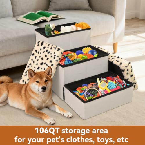 Image of Zerbuger Dog Stairs for High Beds, Folding Pet Stairs Gift for Dogs Puppy with Storage for Bed Couch, Cat Dog Ramp Hold Up to 200 lbs (Beige Leopard, 3 Steps No Condo(31 inch D x 17 inch W x 17.7 inch H))
