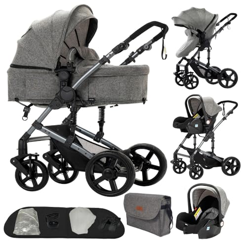 Carrito bebe 3 en 1,set de cochecito,Coche bebe,doble suspensión,mecanismo de plegado con un solo clic para recién nacidos y niños pequeños(gris)