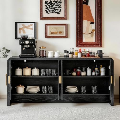 Image of Finnhomy 68'' Sideboard Buffet Cabinet with Storage, Curved Design Credenza Storage Cabinet with 4 Doors, Console Cabinet for Kitchen, Living Room & Hallway, Black