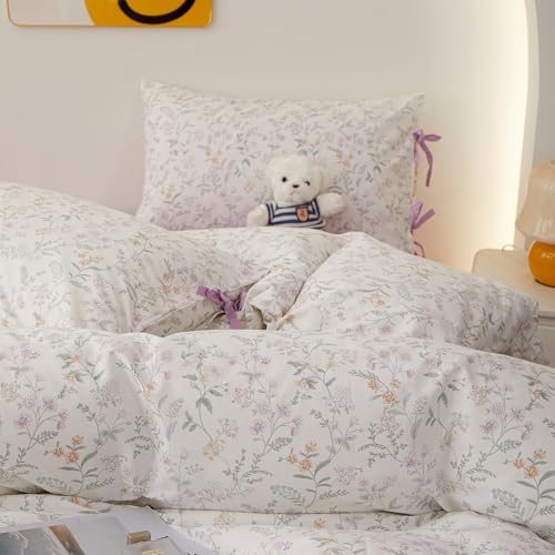 Image of LifeTB Vintage Floral Comforter Set King, Cottagecore Aesthetic Cute Flower Pattern Comforter for All Seasons, Lightweight Coquette Bedding Set Flowers Botanical Comforter with 2 Bow Ties Pillowcases