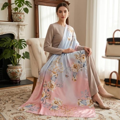 Image of Floral Printed Silk stole | silk Scarf for Women | stylish silk stole for women | Soft Lightweight Stole, Shawl & Neck Wrap | Scarf for Wedding, Party, Travel & Casual Wear