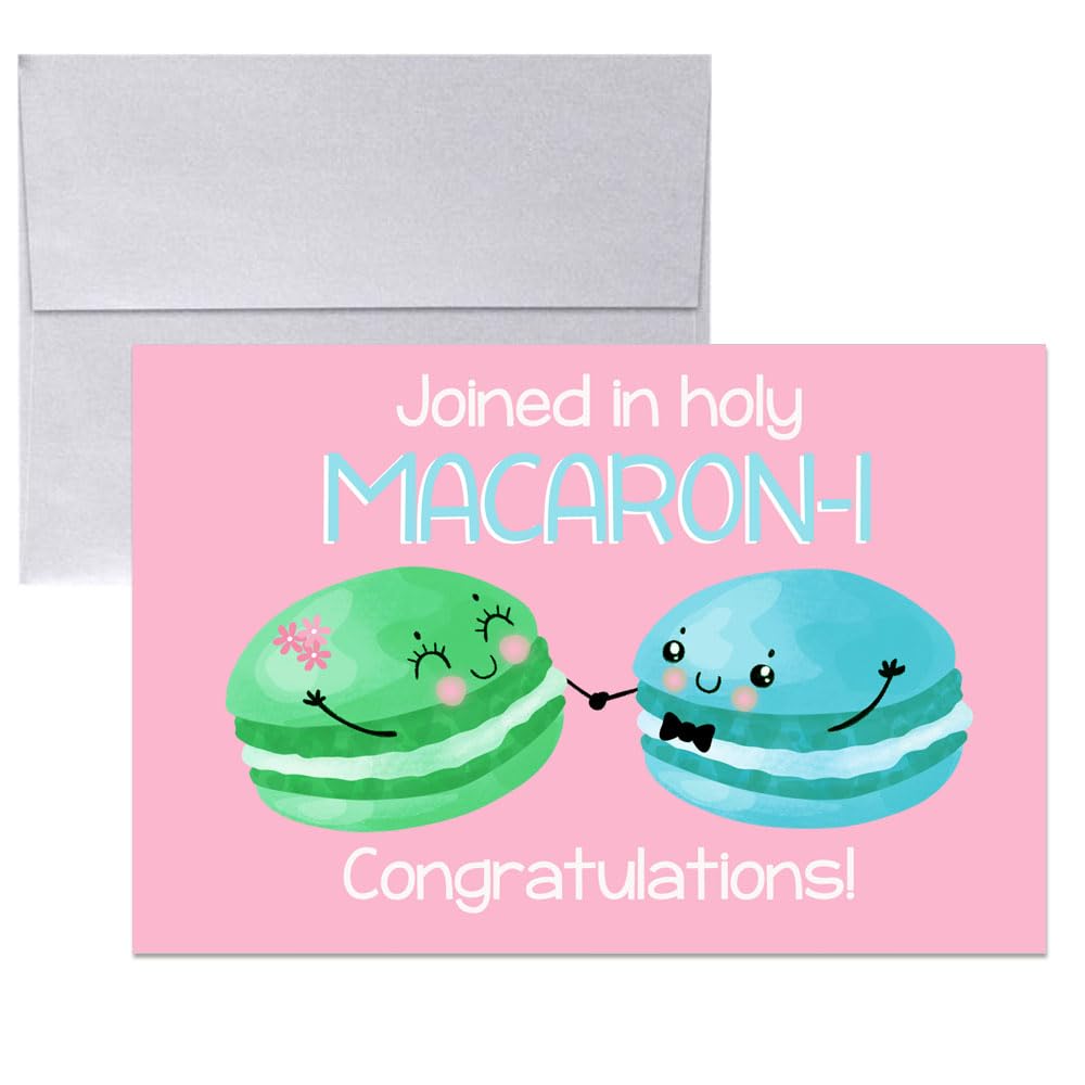 Funny Wedding Card for Newlyweds – Holy Macaron-I Silly Macaron Cookie Themed Greeting for Bride and Groom Wedding Day- Congratulations to the Happy Couple 4X6 inch Card with Silver Envelope Included