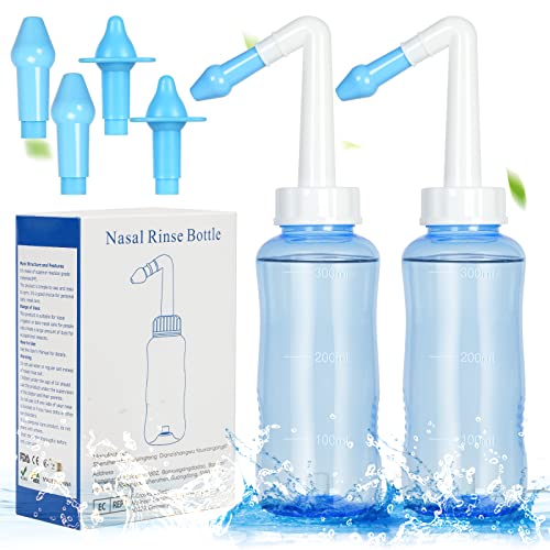 URAQT Lavado Nasal Adulto, 2pcs Irrigador Nasal de 300ml, Neti Pot con Sal Nasal y Termómetro Pegatina, Limpiador Nasal Niños Adulto para Alivio Congestión Nasal y Limpieza Nasal