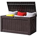 Greesum 120 Gallon Outdoor Storage Box with Lock - Woodgrain Plastic Deck Box, Reinforced Lid & Heavy Duty Design, Easy Assembly for Garden, Patio, Lawn, Dark Brown