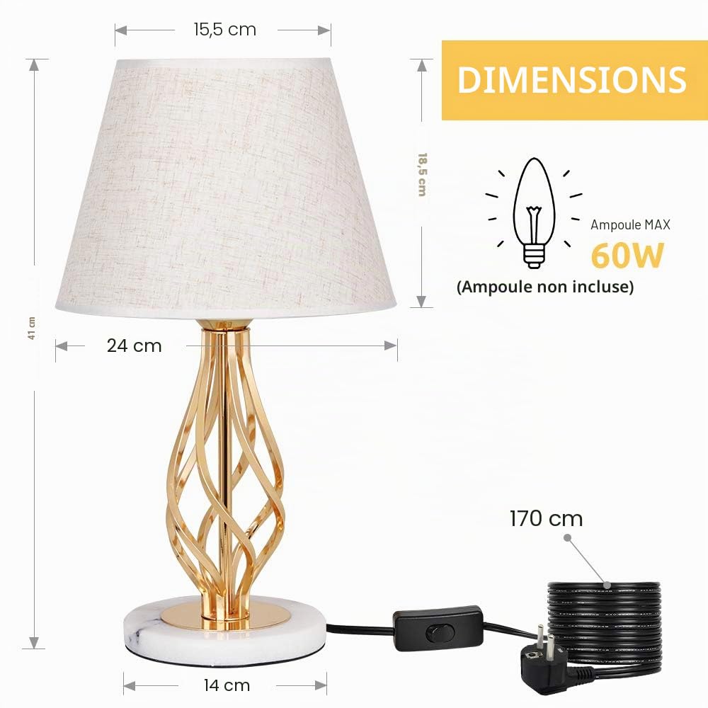 LIANTRAL Lot de 2 lampes de chevet modernes avec base en marbre et abat-jour en lin - Petite lampe pour chambre à coucher, salon, dortoir, décoration-d'or