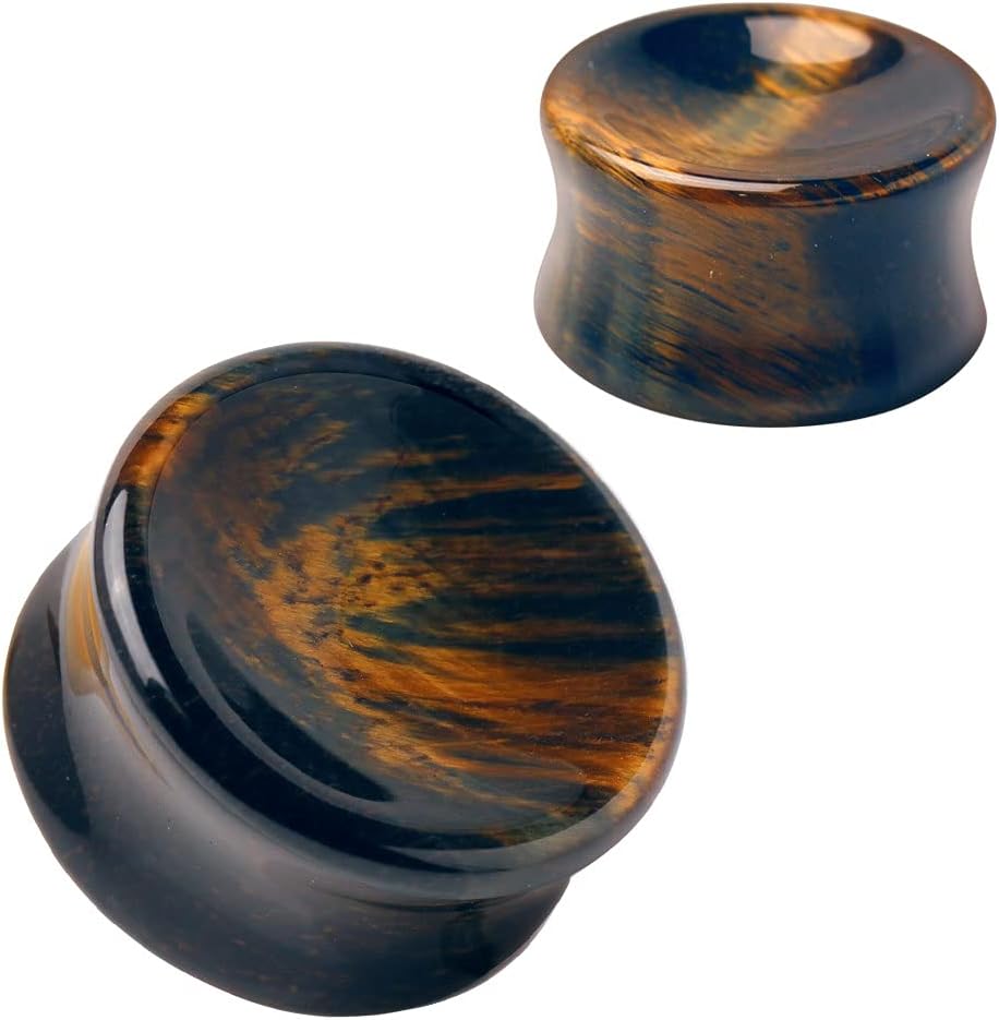 Pierced Owl - Natural Concave Dark Tiger Eye Stone Double Flared Saddle Fit Plugs, Sold as a Pair - Image 2